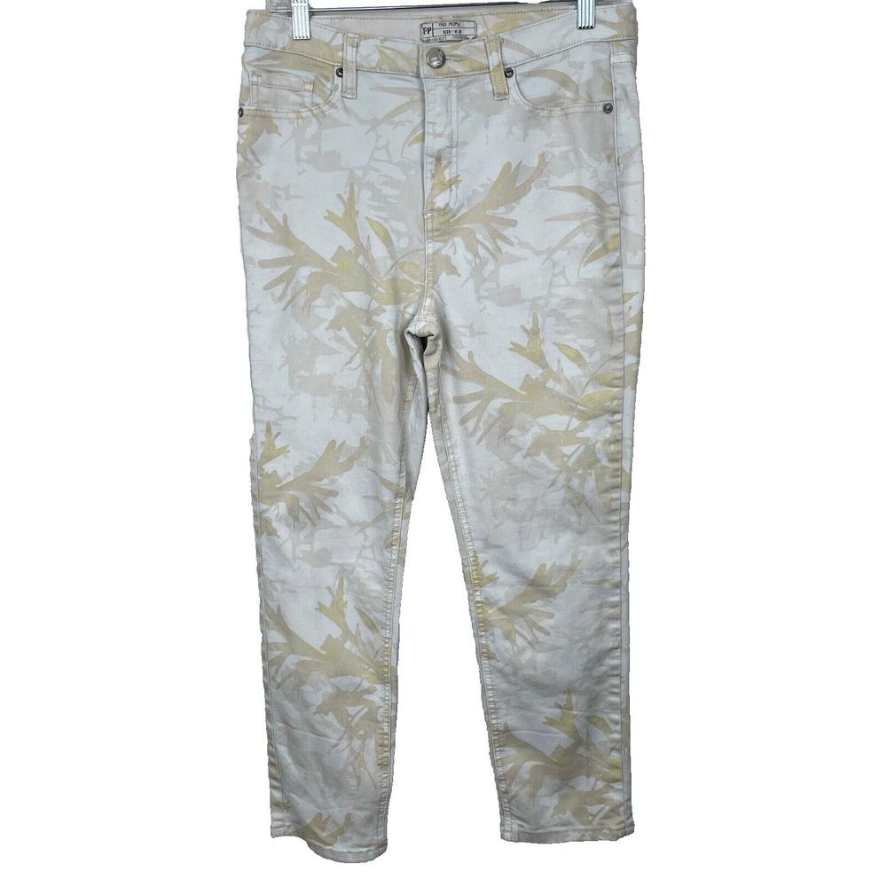 Free People Jeans Womens 31 Leaf Foliage Pattern Beige Tan Straight Leg‎ Stretch